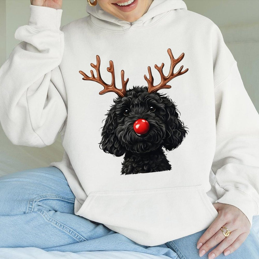 Goldendoodle Christmas Hoodie | Reindeer Antlers Red Nose Graphic | Premium Cotton Blend | Funny Dog Mom Holiday Gift For Doodle Lovers
