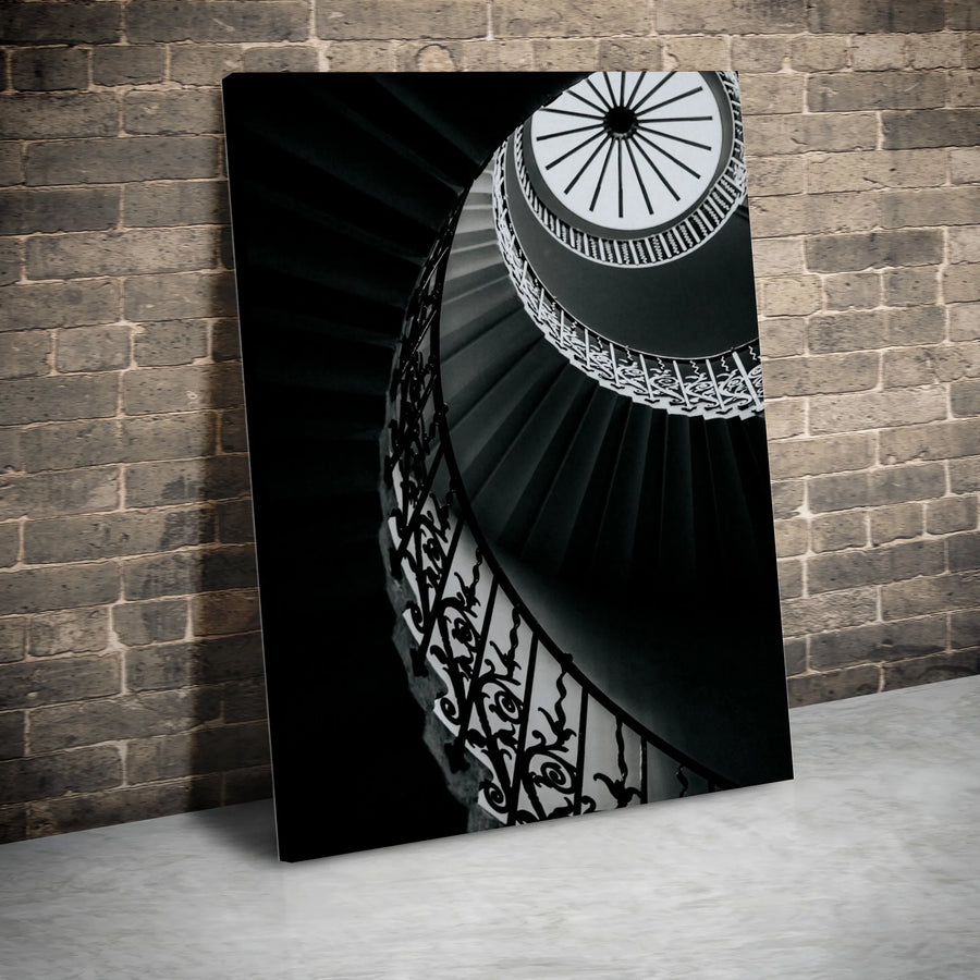 Spiral Staircase Vertical Canvas | Black and White London Photography | Premium 1.25" Thick Gallery Wrap | Modern Minimalist Home & Office Decor Gift