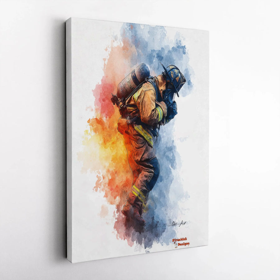 Firefighter Wall Art Canvas | Watercolor Rescue Hero Portrait | 1.25 Inch Gallery Wrap Premium Print | Perfect Gift for Fireman or Fire Department