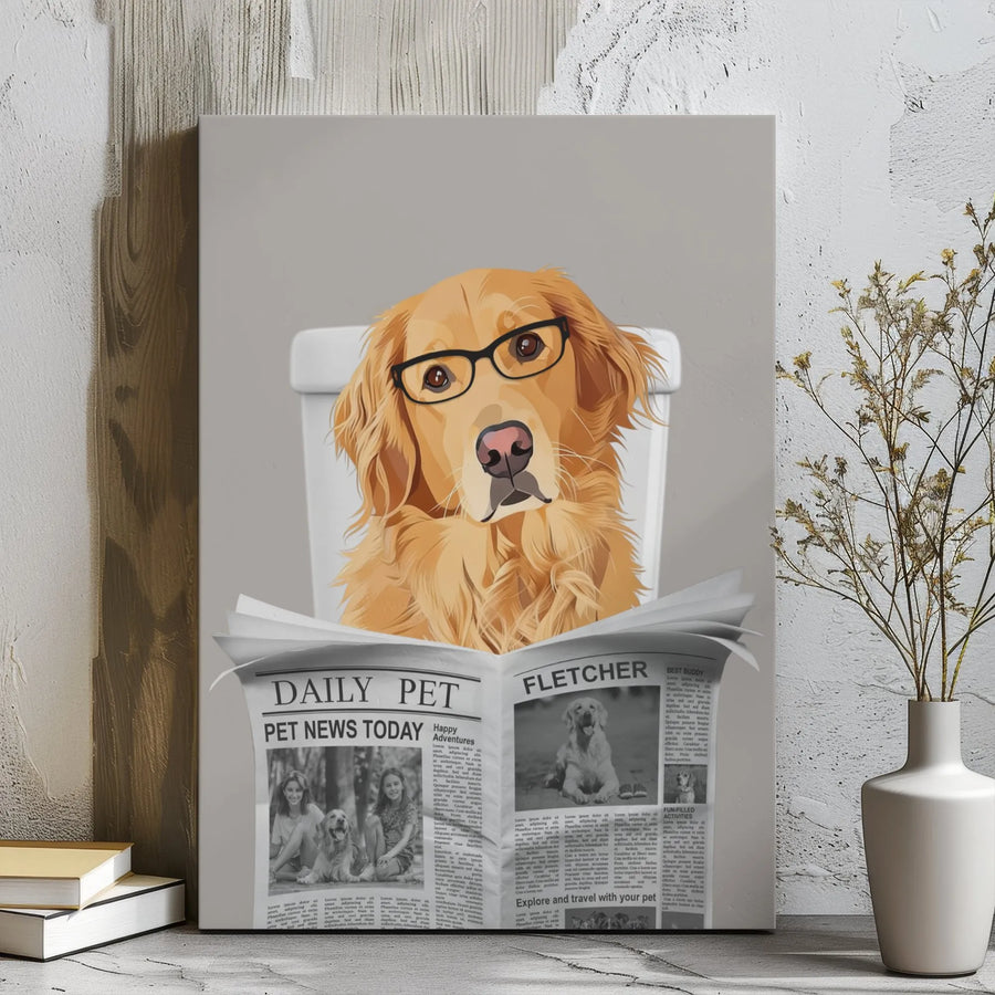 Golden Retriever Reading Newspaper Canvas | Funny Dog on Toilet Wall Art | Premium Gallery Wrap Decor | Unique Pet Lover Bathroom Gift
