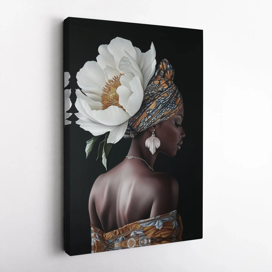 Black Woman Canvas Wall Art | African Headwrap Portrait with White Peony | Premium Gallery Wrap 1.25" Frame | Modern Black Decor for Home or Office