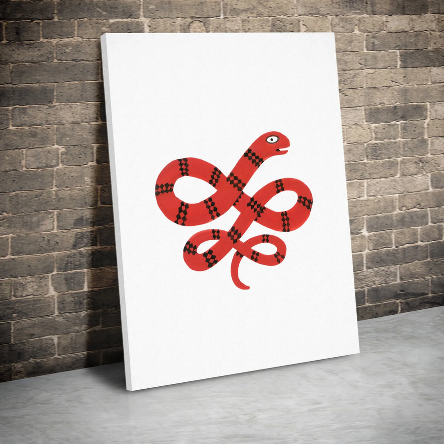 Red Snake Vertical Canvas | Minimalist Cartoon Serpent Print | Premium Frameless Wall Art | Modern Kids Room & Nursery Decor Gift