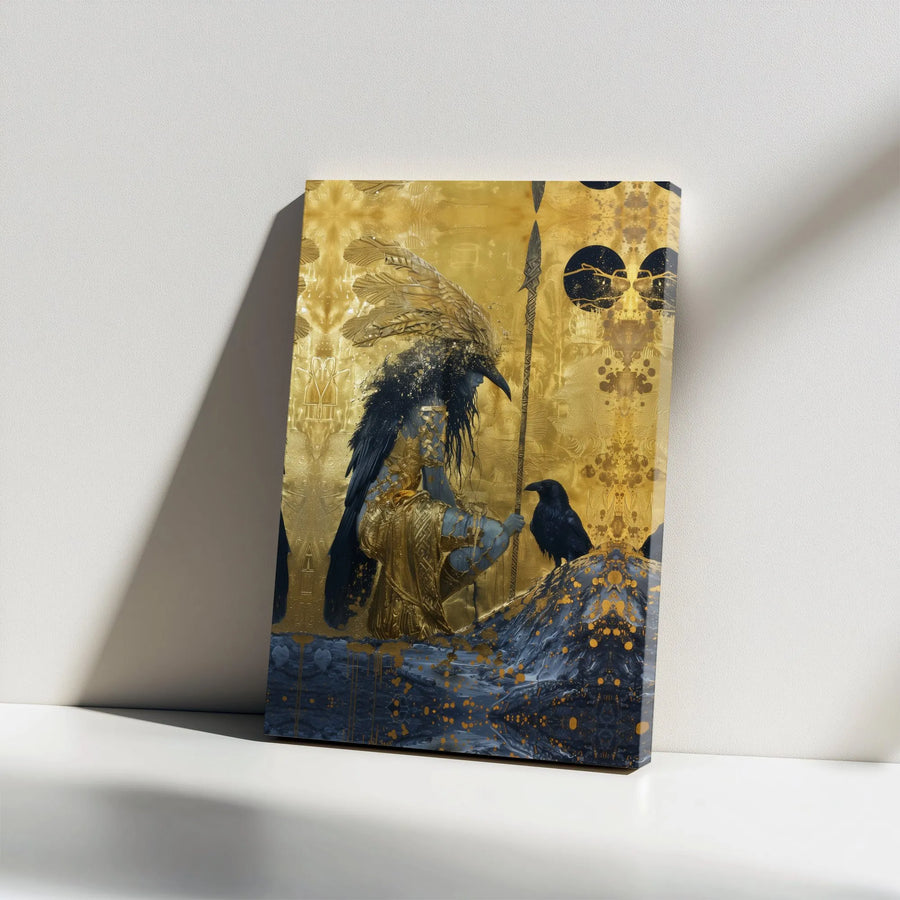 Raven God Canvas Wall Art | Abstract Gold and Black Fantasy Art | Premium Gallery Wrapped Print | Modern Home Decor Gift for Mythology Fans