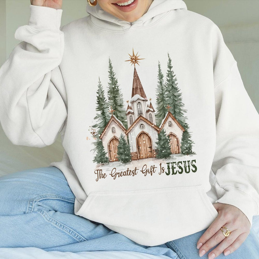 The Greatest Gift Is Jesus Hoodie | Watercolor Christmas Church Graphic | Premium Cotton Blend | Christian Faith Religious Gift for Women & Men