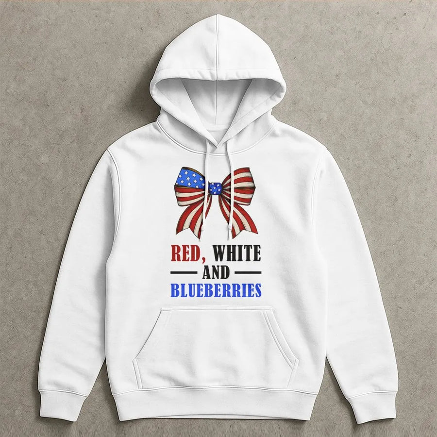 Red White And Blueberries Hoodie | Patriotic American Flag Bow Design | Premium Cotton-Blend | 4th of July Gift for Women