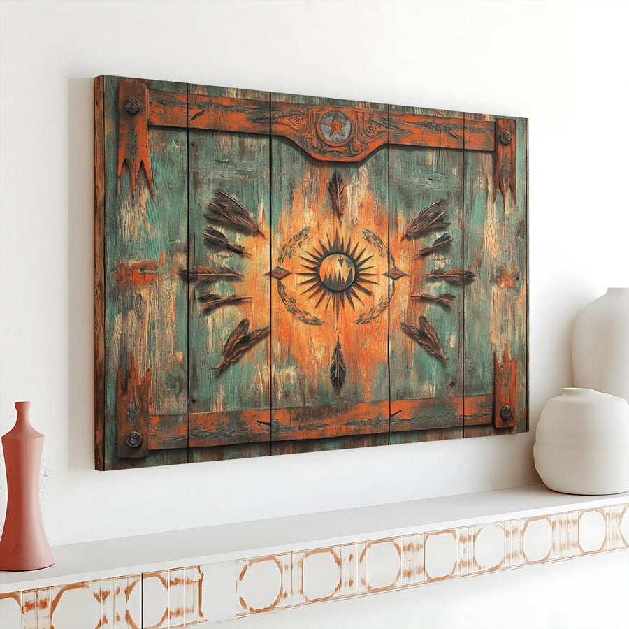 Rustic Southwestern Canvas Art | Distressed Barnwood Look with Sun Medallion | Premium Gallery Wrapped Canvas | Lodge & Ranch Decor Gift