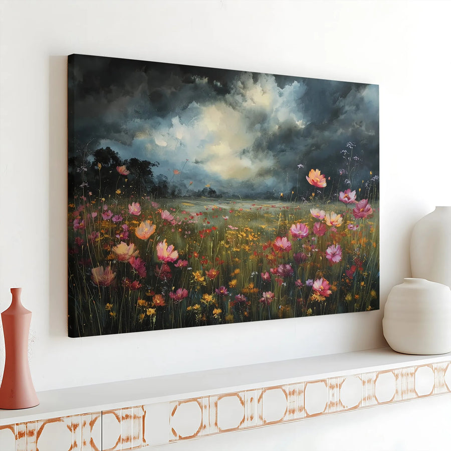 Wildflower Meadow Canvas Wall Art | Moody Floral Landscape Painting Print | Thick Gallery Wrap Canvas | Modern Farmhouse Wall Decor Gift