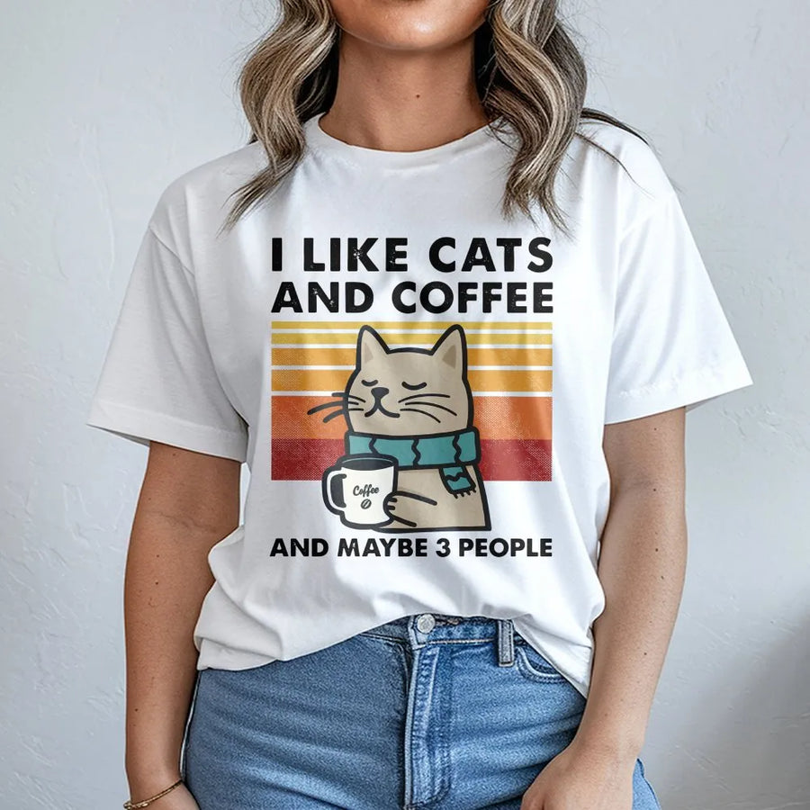 I Like Cats and Coffee and Maybe 3 People T-Shirt | Retro Funny Cat Graphic Tee | Soft Cotton Premium Quality | Gift for Cat Lovers & Introverts