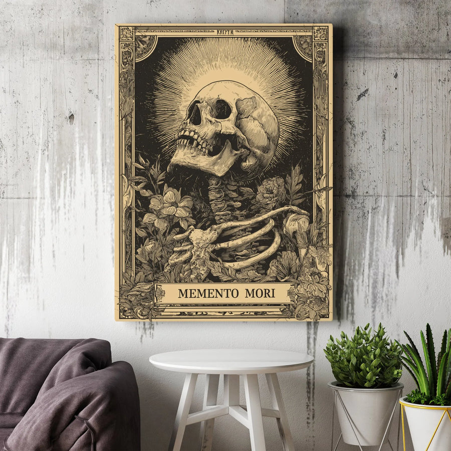 Memento Mori Skull Canvas Wall Art | Gothic Floral Skeleton Illustration | Premium Canvas Print | Stoic Philosophy Dark Academia Home Decor Gift