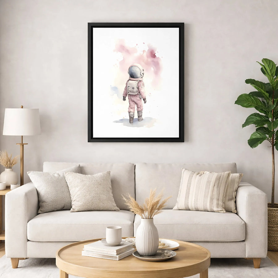 Pink Astronaut Canvas Art | Watercolor Space Explorer Illustration | Premium 1.25" Thick Gallery Wrap | Kids Bedroom or Nursery Decor Gift