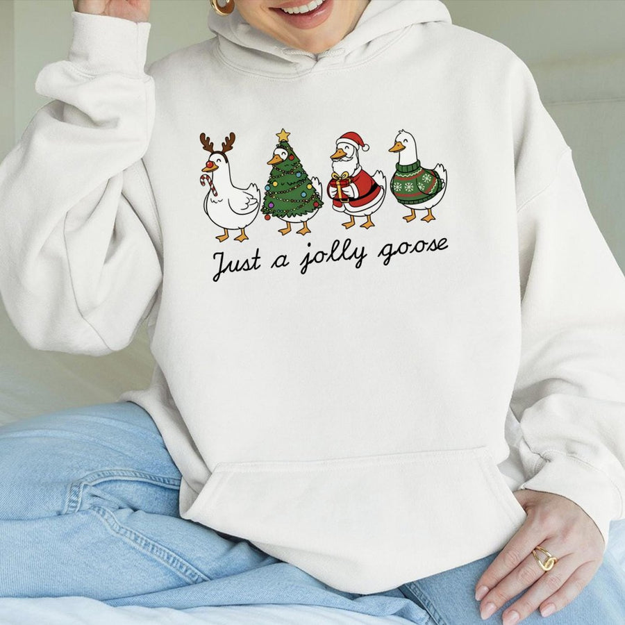 Just A Jolly Goose Hoodie | Cute Christmas Duck Graphic Sweatshirt | Premium Cotton-Blend Pullover | Funny Holiday Gift For Animal Lovers