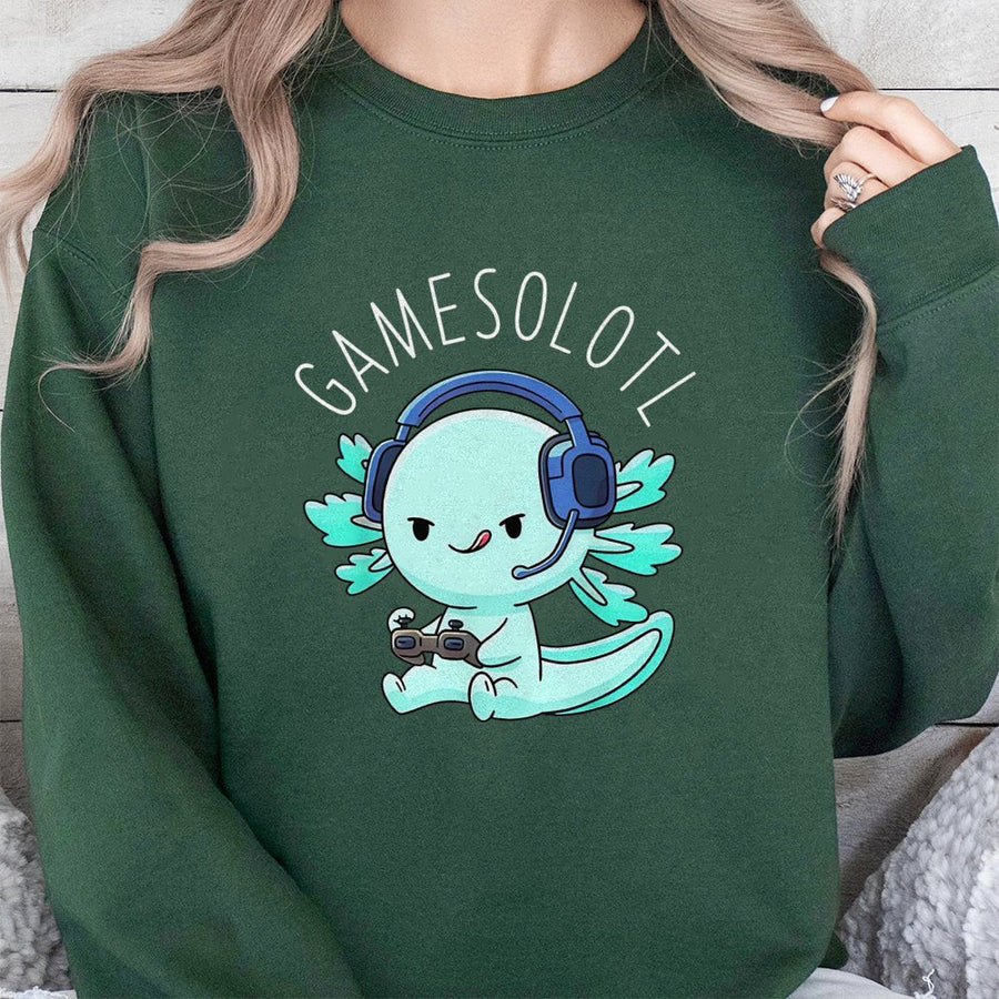 Axolotl Gamer Sweatshirt | Cute Video Game Controller Graphic | Soft Cotton Blend Crewneck | Funny Gaming Gift for Men Women Teens