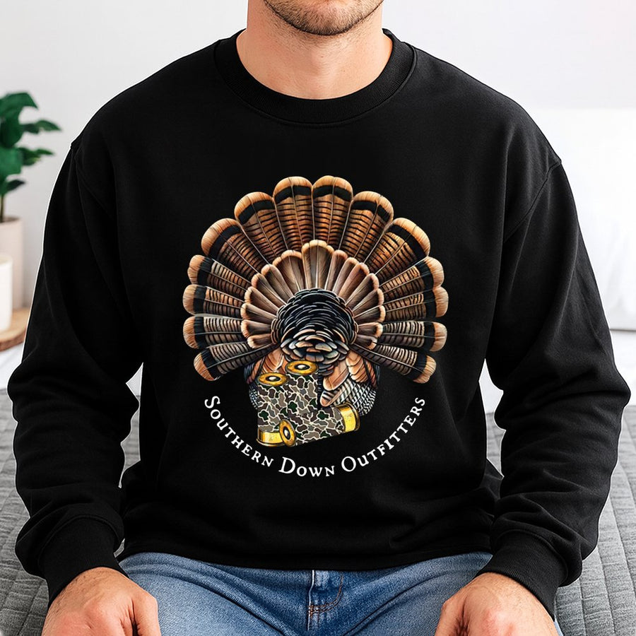 Turkey Hunting Sweatshirt | Camo Shotgun Shell Graphic | Premium Cotton Blend Crewneck | Gift For Outdoorsmen & Hunter