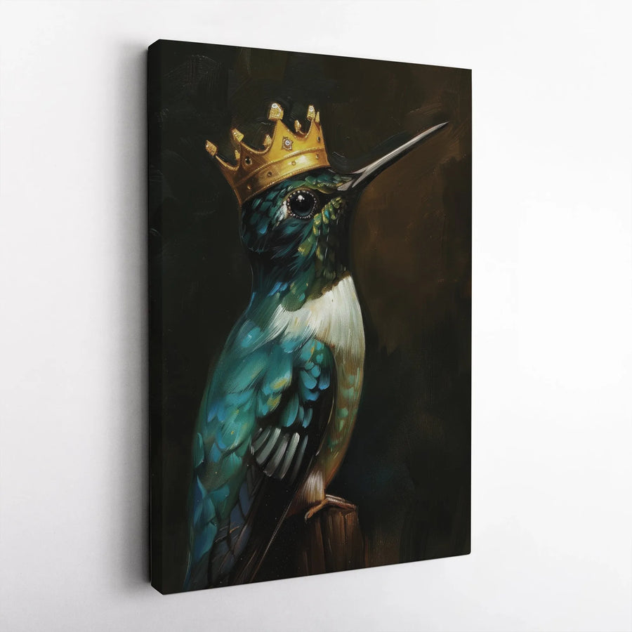 Hummingbird Wall Art | Regal Bird With Gold Crown Oil Painting | Premium Gallery-Wrapped Canvas | Sophisticated Home Decor Gift