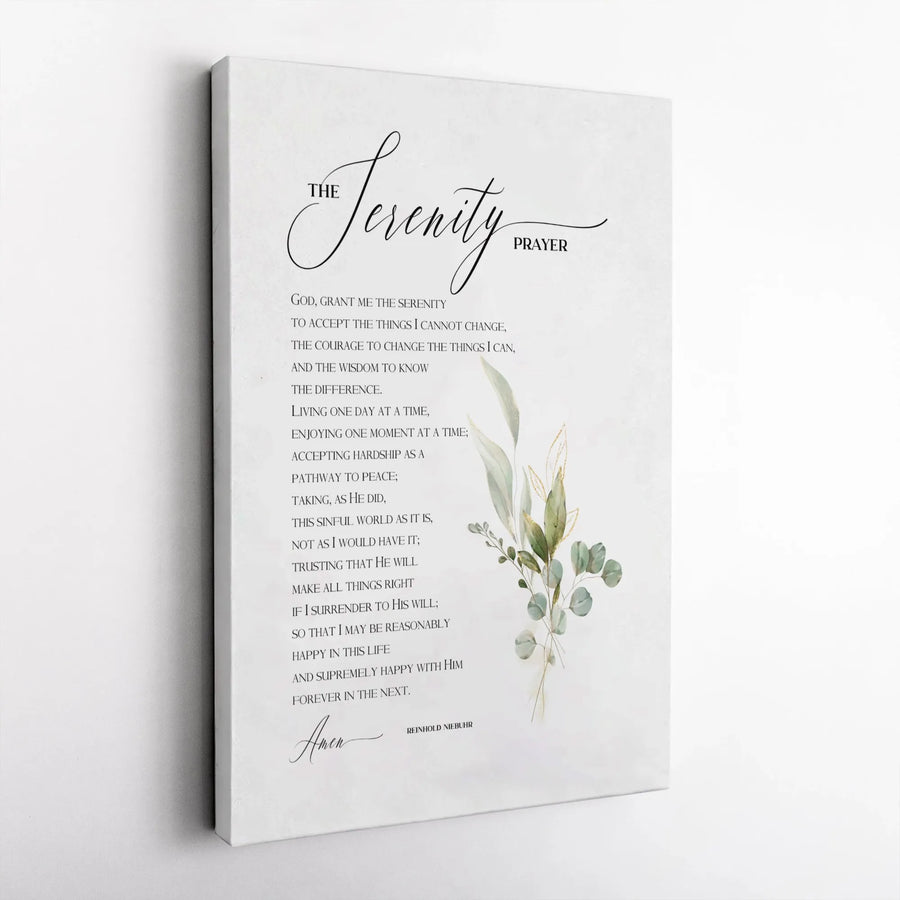 The Serenity Prayer Canvas Wall Art | Minimalist Script with Eucalyptus Greenery | Premium Gallery Wrapped Canvas | Inspirational Christian Home Decor Gift