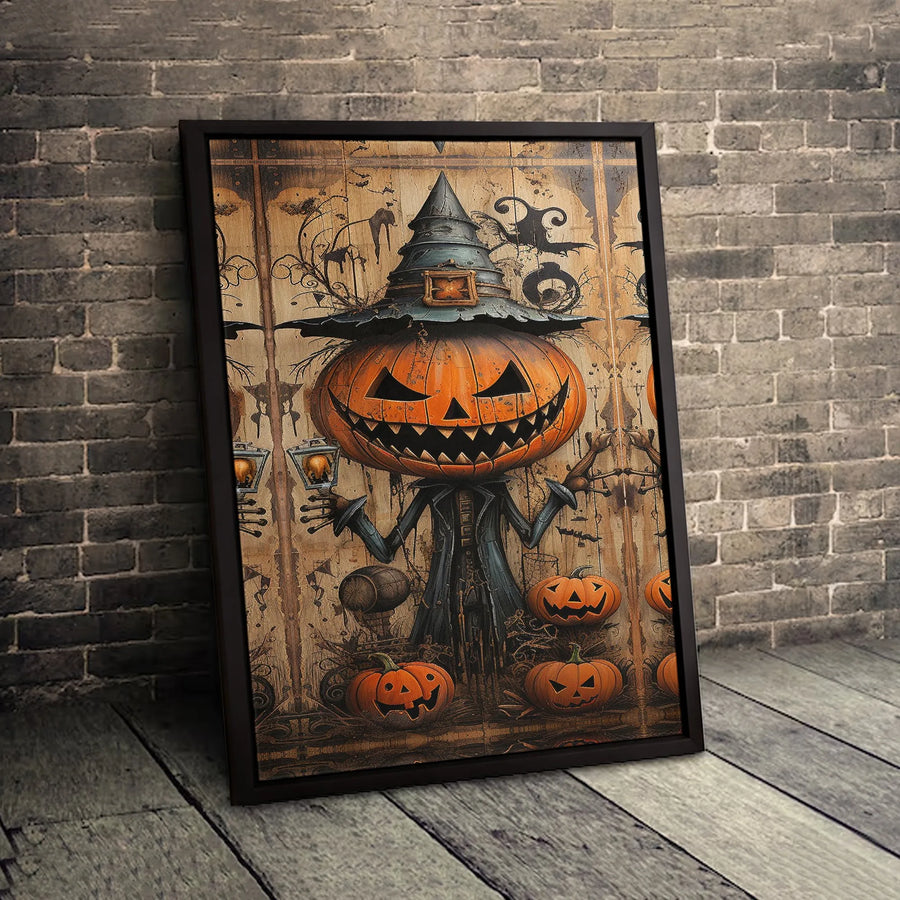 Spooky Halloween Jack-O'-Lantern Canvas | Witch Hat Scarecrow Art | Premium Gallery-Wrapped Print | Gothic Seasonal Home Decor Gift