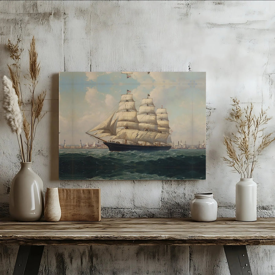 Vintage Tall Ship Canvas Wall Art | Historic American Sailing Ship Painting | Premium Gallery Wrapped Canvas | Nautical Home Decor Gift for Sailor