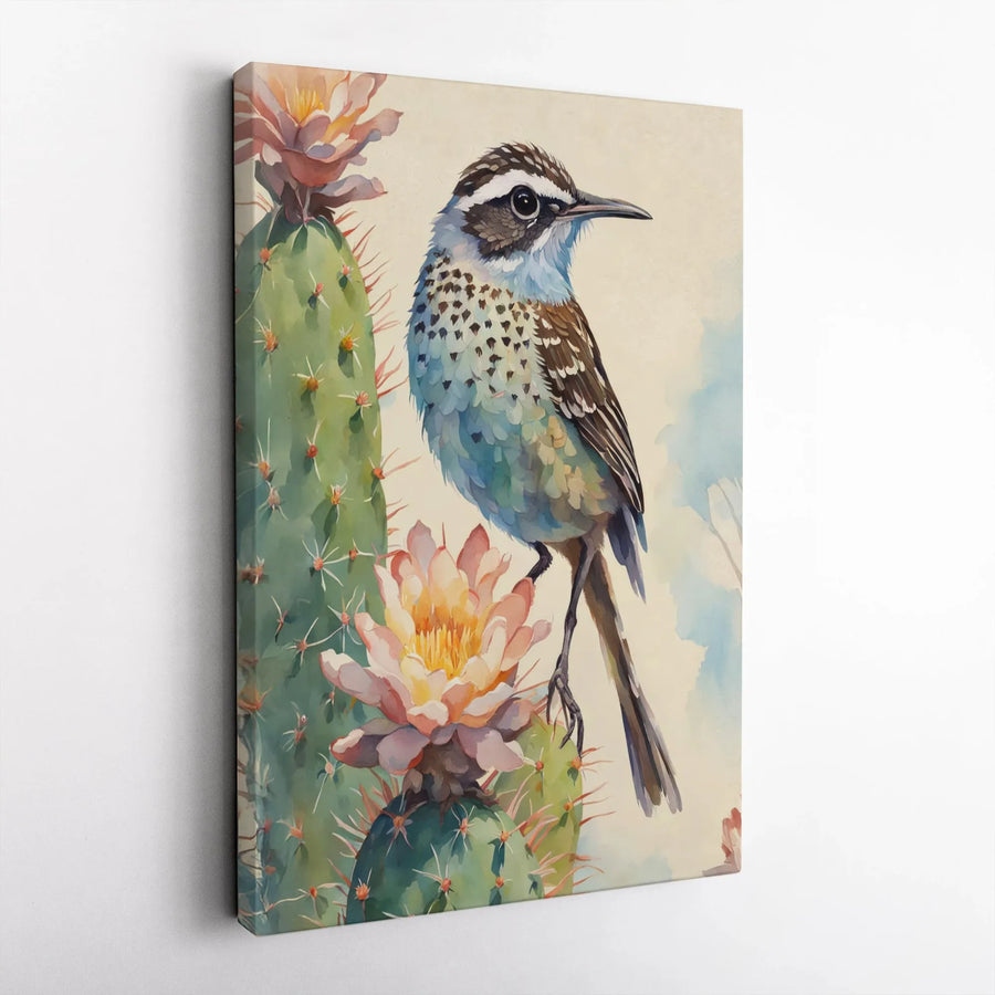 Cactus Wren Wall Art | Watercolor Desert Bird & Prickly Pear Print | Premium Gallery-Wrap Canvas | Southwestern Home Decor Gift