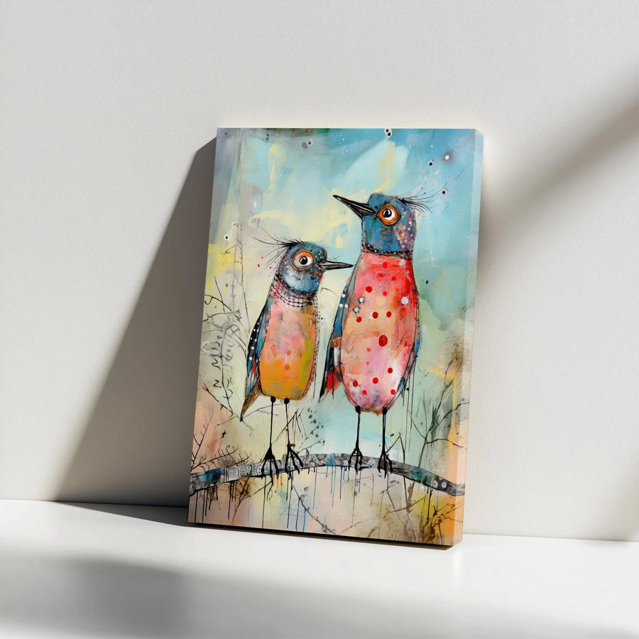 Abstract Bird Canvas Wall Art | Whimsical Two Birds Painting Print | Premium Gallery Canvas | Modern Living Room Decor Gift