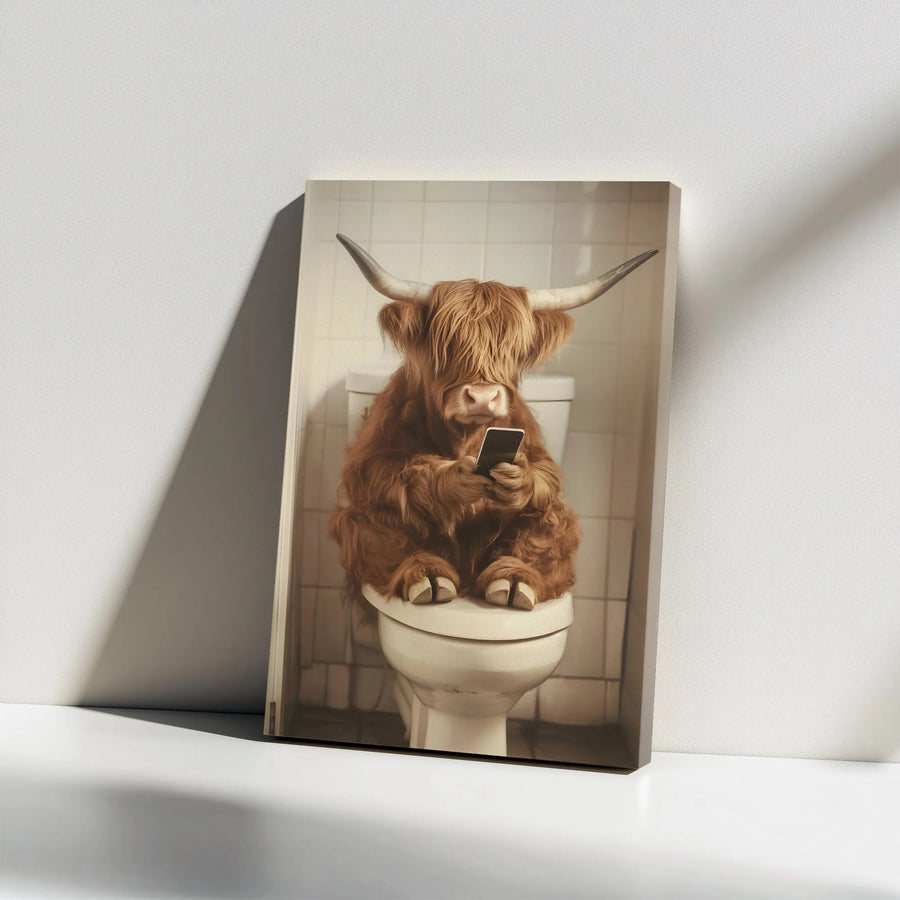 Highland Cow Canvas Wall Art | Funny Cow on Toilet with Phone | Premium Gallery Wrap Canvas | Modern Farmhouse Bathroom Decor Gift