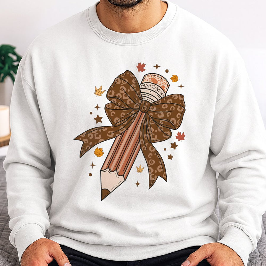 Teacher Fall Sweatshirt | Retro Coquette Bow Pencil Design | Premium Cotton-Blend Crewneck | Cute Autumn Teacher Appreciation Gift
