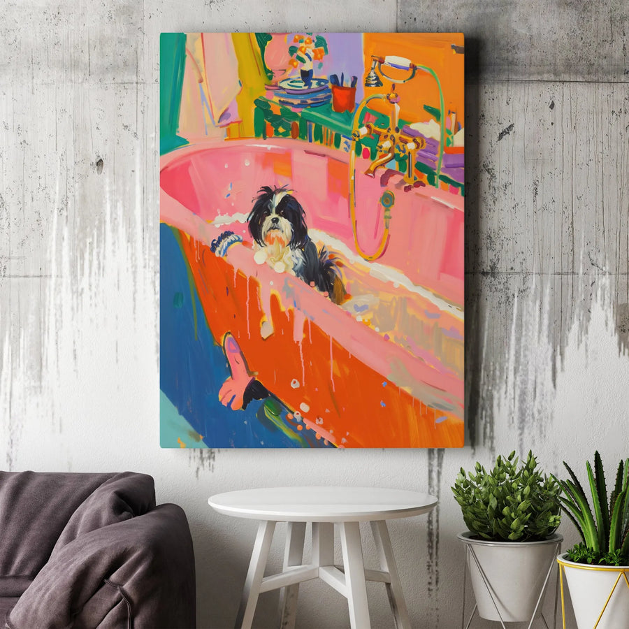 Colorful Shih Tzu Painting Canvas Print | Vibrant Pop Art Dog in Bathtub | Premium Gallery Wrapped Canvas | Unique Bathroom Decor Gift for Dog Lovers