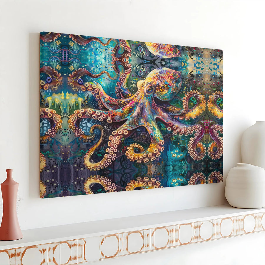 Psychedelic Octopus Canvas Wall Art | Colorful Abstract Kraken Painting Print | Premium Gallery Wrap Canvas | Unique Ocean Lover Gift
