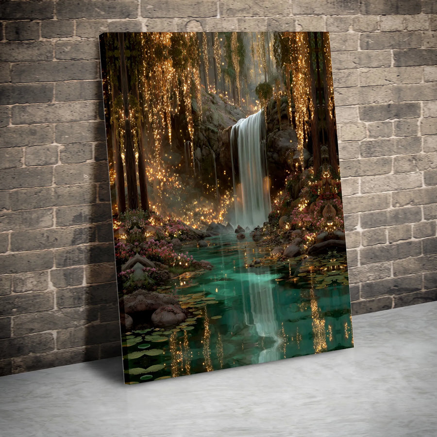 Enchanted Forest Canvas Print | Glowing Waterfall Fairy Garden Wall Art | 1.25-Inch Gallery Wrap | Magical Nature Decor For Living Room