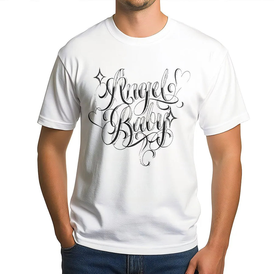 Chicano Angel Baby T-Shirt | Tattoo Style Script Lettering | Premium Cotton Graphic Tee | Cholo Chola Streetwear Gift