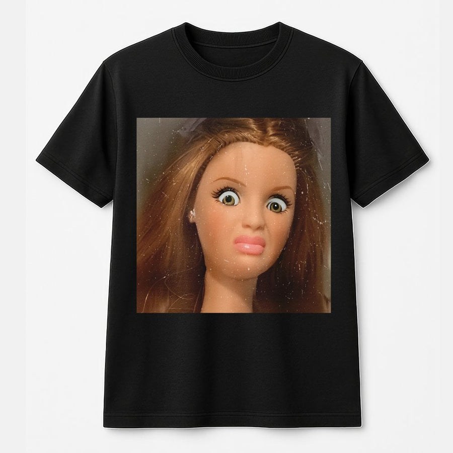 Shocked Doll Face T-Shirt | Funny Viral Meme Graphic | Premium Soft Cotton Unisex Tee | Sarcastic Humor Gift For Her