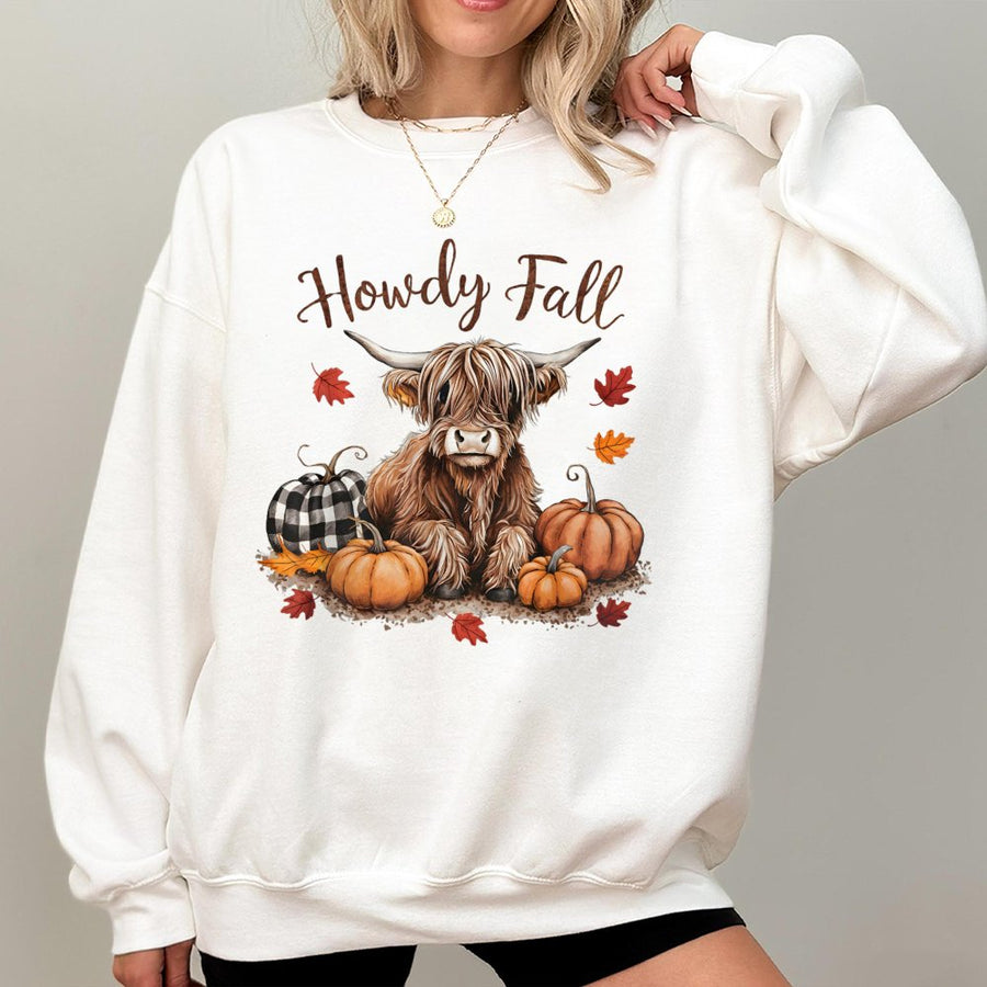 Howdy Fall Highland Cow Sweatshirt | Cute Autumn Pumpkin Graphic | Premium Cotton Blend Crewneck | Cozy Thanksgiving Gift for Her