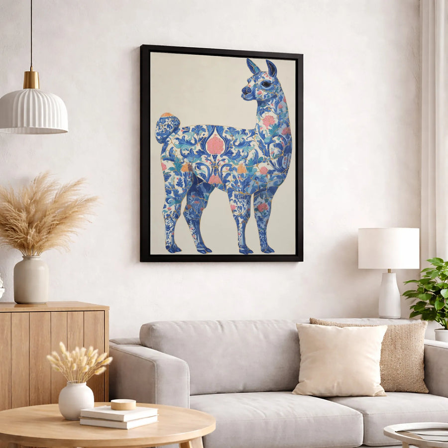 Llama Canvas Wall Art | Kintsugi Blue Floral Chinoiserie Design | Premium Gallery-Wrapped Print | Unique Home Office Decor Gift
