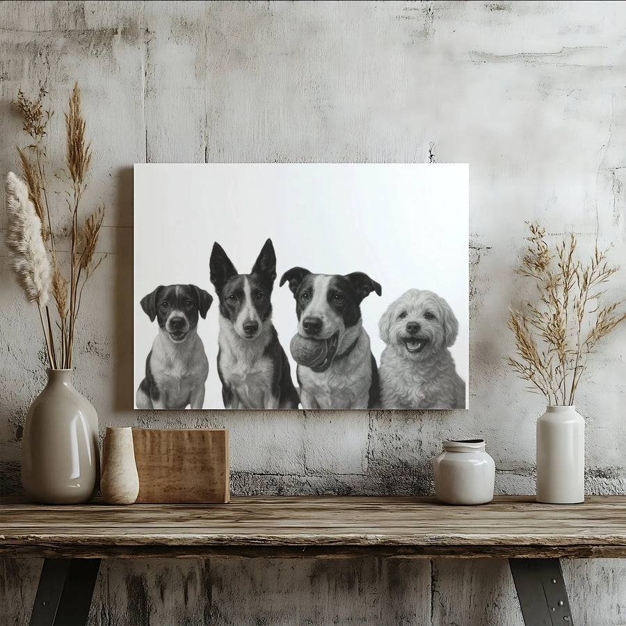 Four Dogs Portrait Canvas Wall Art | Black and White Sketch Print | Premium Gallery-Wrapped 1.25" Profile | Dog Lover Home Decor Gift