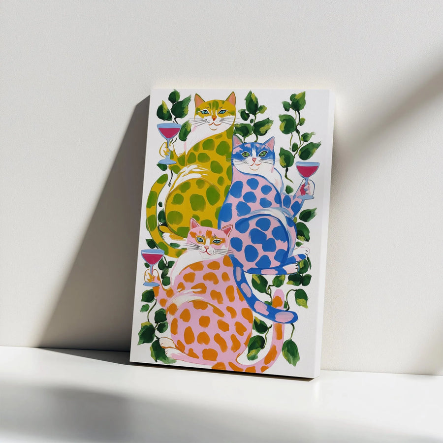 Whimsical Cat Wall Art | Colorful Polka Dot Cats Drinking Wine | Premium Gallery Wrapped Canvas | Fun Kitchen or Home Decor Gift
