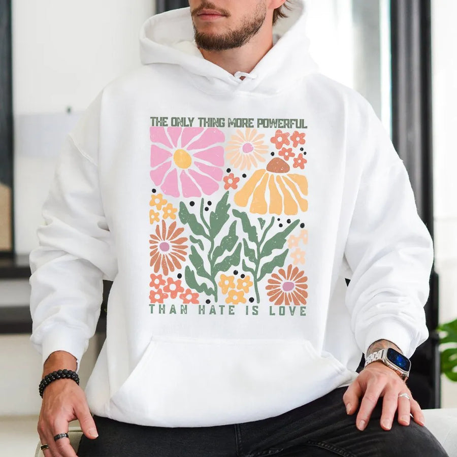 Retro Floral Hoodie | Kindness Quote Love Over Hate Graphic | Cozy Cotton Blend Pullover | Hippie Aesthetic Gift for Women