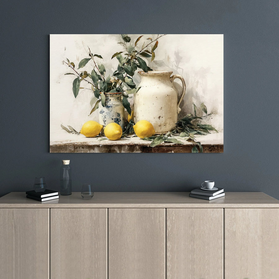 Rustic Lemon Still Life Canvas Wall Art | Mediterranean Kitchen Pitcher Decor | Premium Gallery Wrap Print | Farmhouse Home Gift