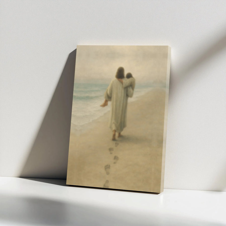 Footprints in the Sand Canvas | Jesus Carrying Child Beach Art | Premium Gallery Wrap Wall Decor | Christian Religious Gift for Home Office