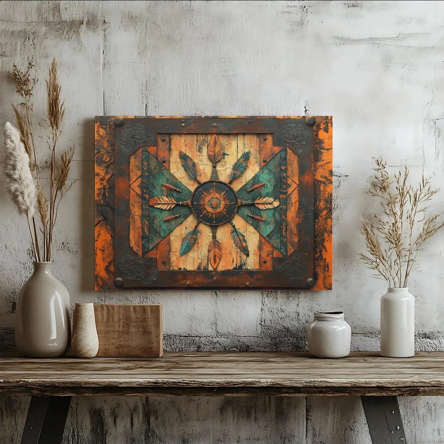 Rustic Southwestern Sun Shield Canvas Wall Art | Tribal Feathers and Geometric Design | Premium Gallery-Wrapped Print | Western Home Decor Gift