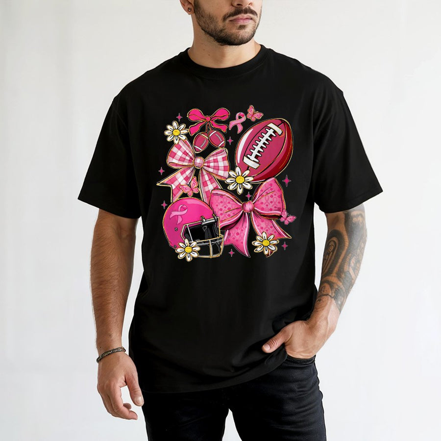 Breast Cancer Awareness Football T-Shirt | Pink Bow Preppy Game Day Graphic | 100% Cotton Premium Tee | Supportive Gift For Women Fans