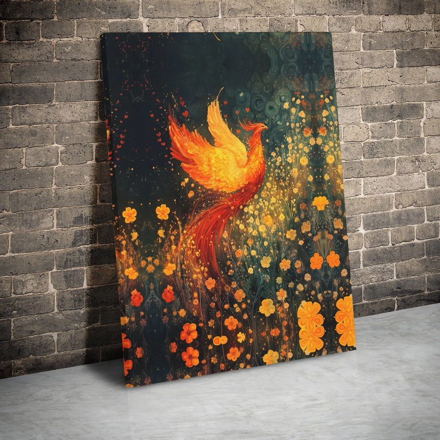 Phoenix Rising Canvas Wall Art | Glowing Fire Bird Botanical Print | Premium 1.25-Inch Gallery Wrap | Mythical Home Decor Gift