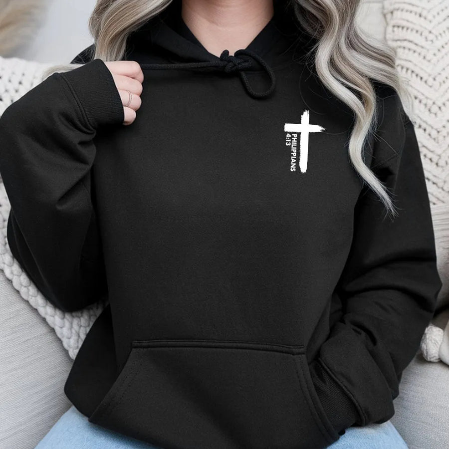 Philippians 4:13 Hoodie | Minimalist Brush Stroke Cross Design | Premium Cotton Tee | Christian Faith Based Gift for Men & Women