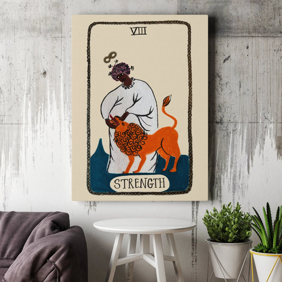 Strength Tarot Card Vertical Canvas | Black Woman and Lion Folk Art Illustration | Premium Gallery Wrapped Wall Art | Spiritual Home Decor Gift