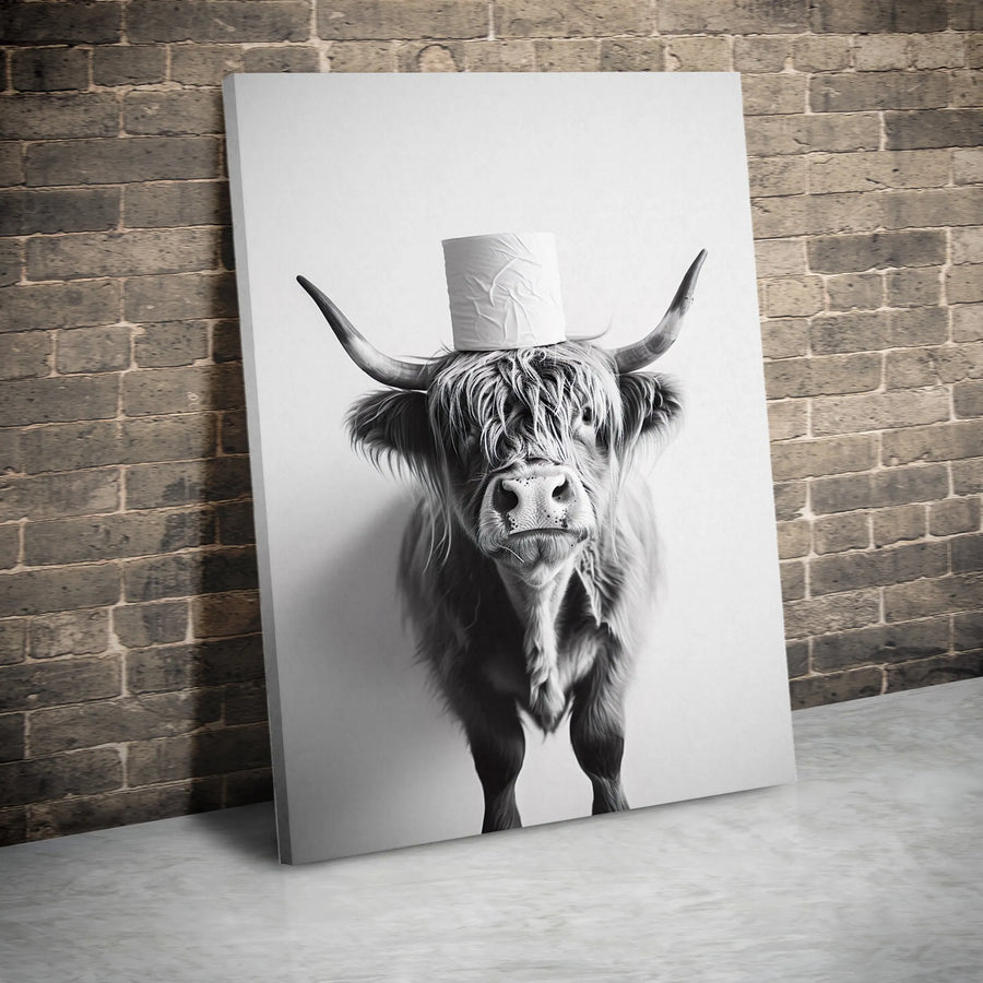 Highland Cow Wall Art | Funny Toilet Paper Head Canvas Print | Modern Farmhouse Animal Decor | Premium Fade-Resistant Gallery Wrapped Canvas