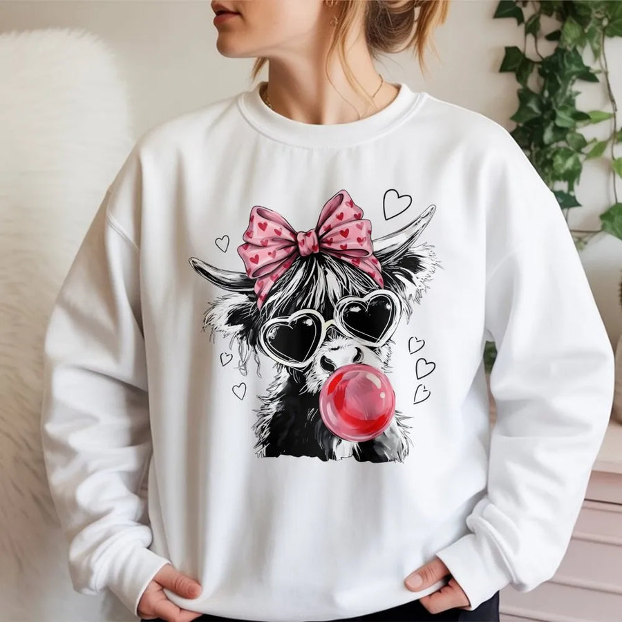 Highland Cow Graphic Sweatshirt | Pink Bow Heart Sunglasses Design | Premium Cotton Blend | Funny Farm Animal Gift for Women and Cow Lovers