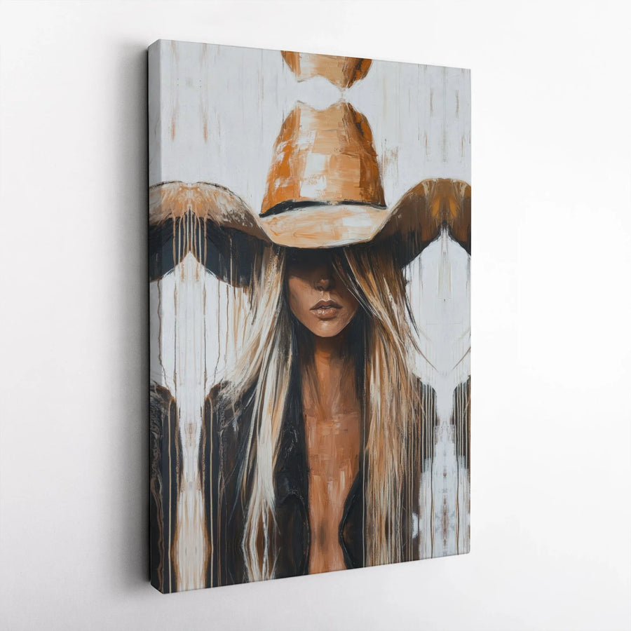 Western Cowgirl Canvas Print | Abstract Woman in Cowboy Hat Painting | Premium Gallery Wrapped Art | Modern Farmhouse Rustic Southwestern Home Decor Gift