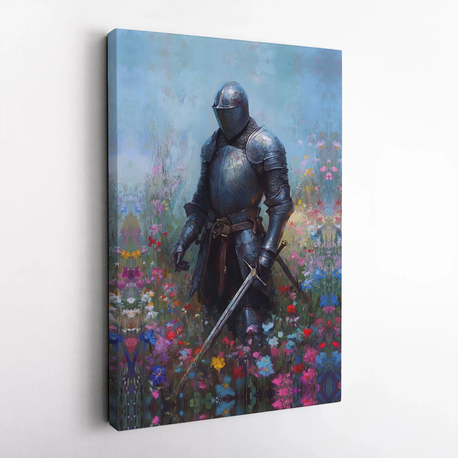Medieval Knight Canvas Wall Art | Floral Armor Landscape Painting | Premium Gallery Wrap Print | Fantasy Home Decor Gift