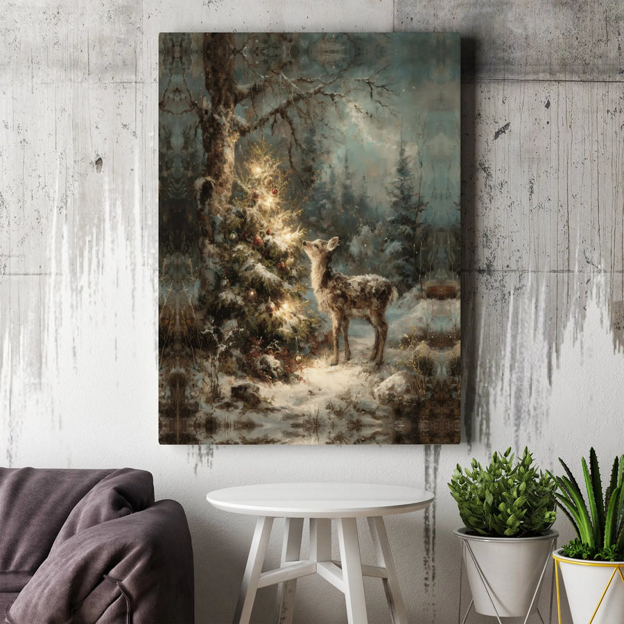 Christmas Forest Deer Canvas Wall Art | Whimsical Winter Woodland Scene | Premium 1.25-Inch Gallery Wrap | Festive Holiday Home Decor Gift