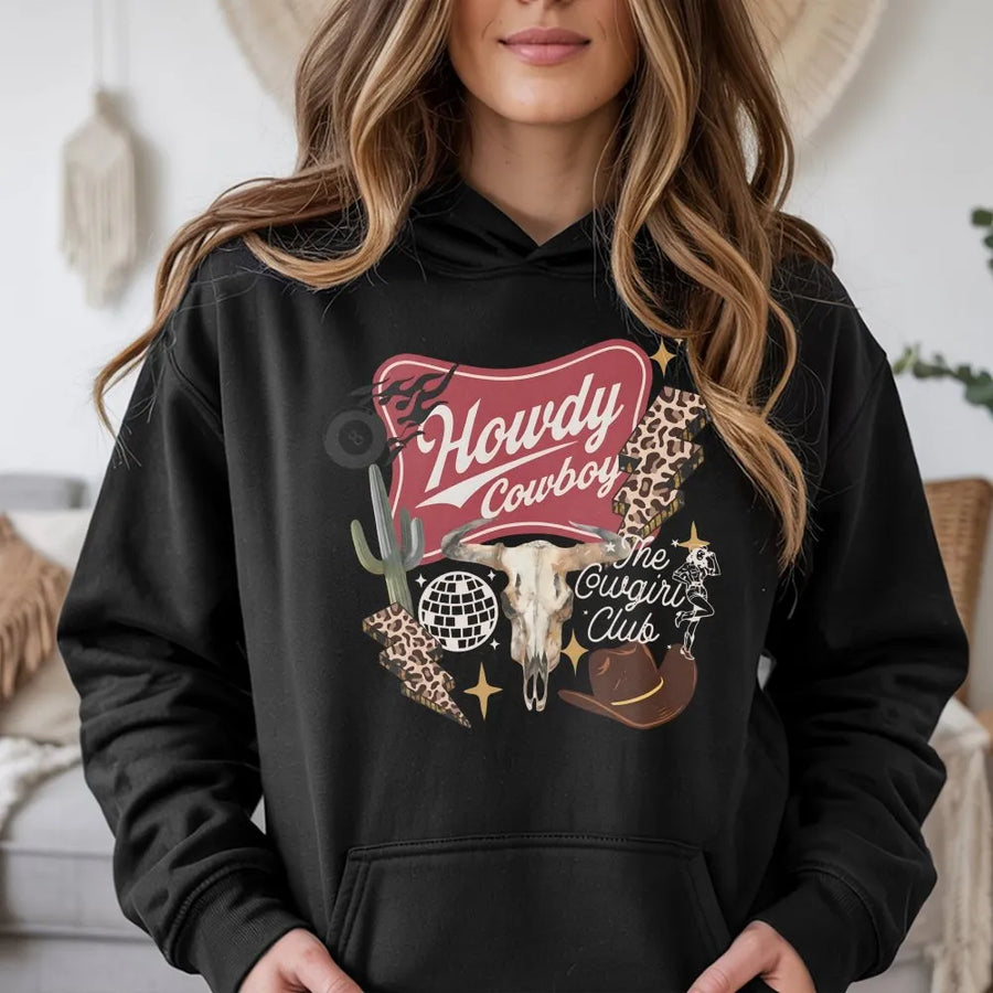 Western Collage Hoodie | Cowgirl Club Graphic with Cowboy Skull & Disco Ball | Premium Cotton Blend Sweatshirt | Country Concert Gift for Women