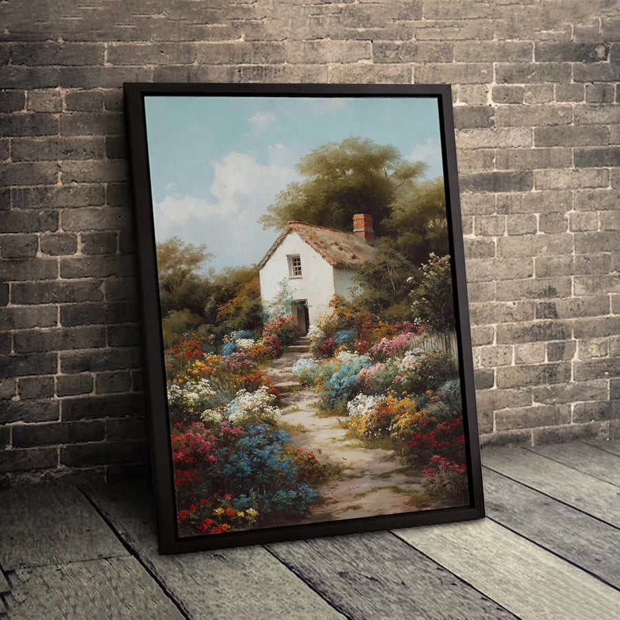 English Cottage Canvas Wall Art | Impressionist Flower Garden Landscape | Gallery Wrapped Premium Print | Vintage Country Home Decor Gift