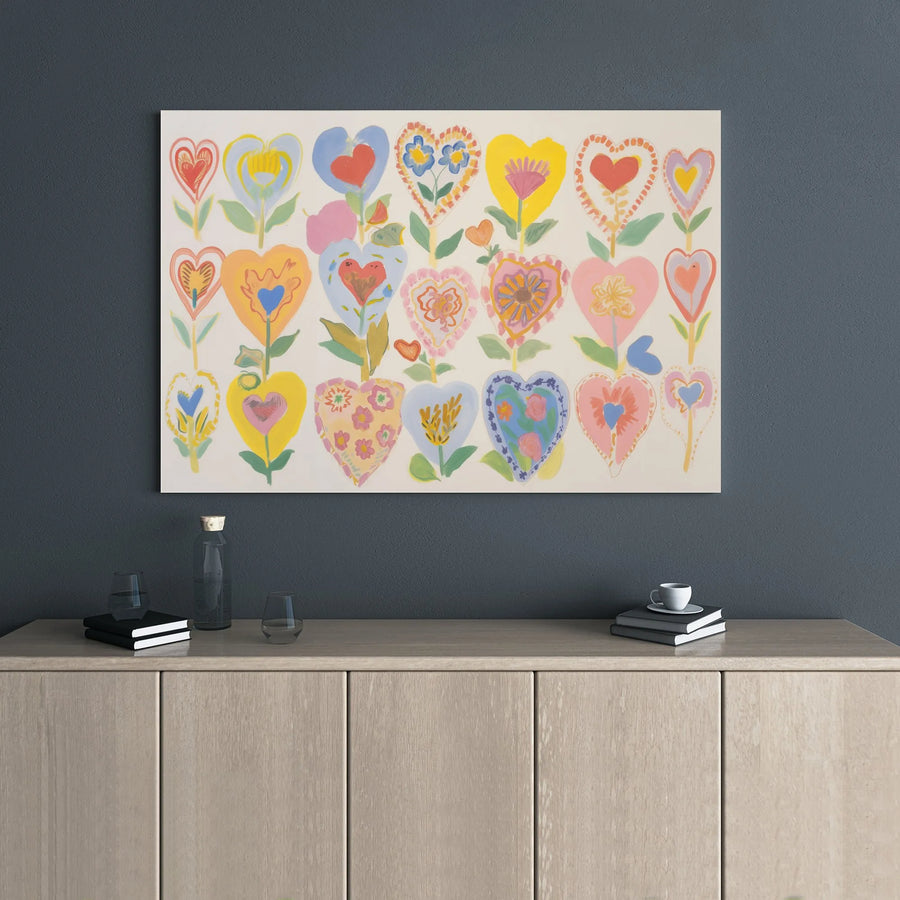 Colorful Heart Flower Wall Art | Whimsical Folk Art Canvas Print | 1.25 Inch Gallery Wrap | Bohemian Home Decor Gift For Her